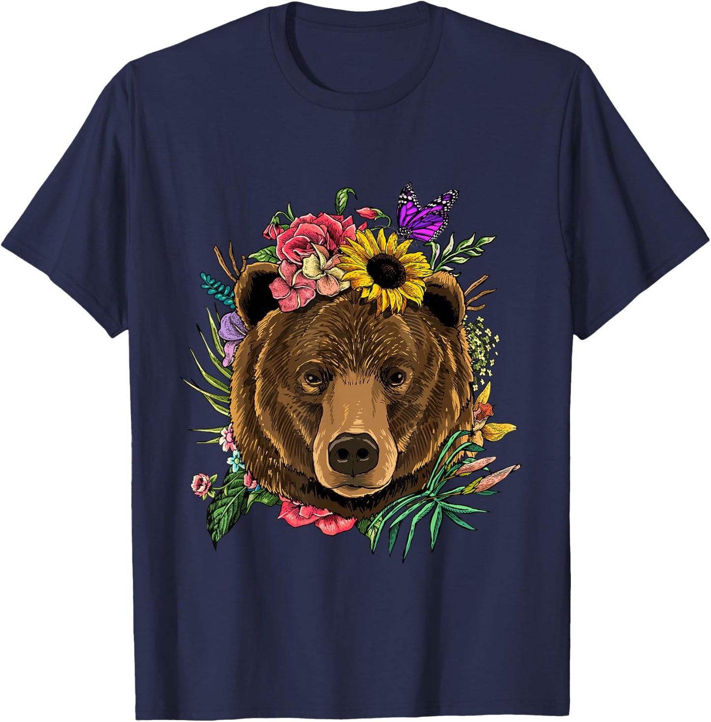 Bear Shirt Nature Floral Grizzly Bear Face Animal Bear Lover T-Shirt - T-Shirt | Navy