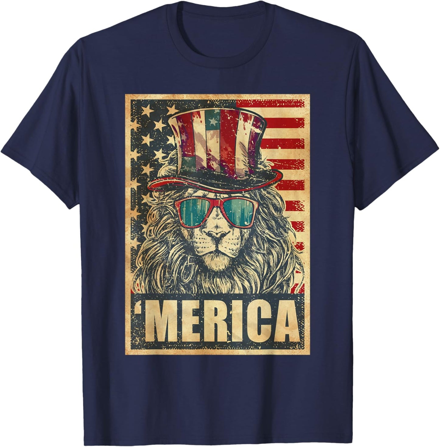 Lion Merica Vintage American Flag 4th Of July T-Shirt - T-Shirt | Navy