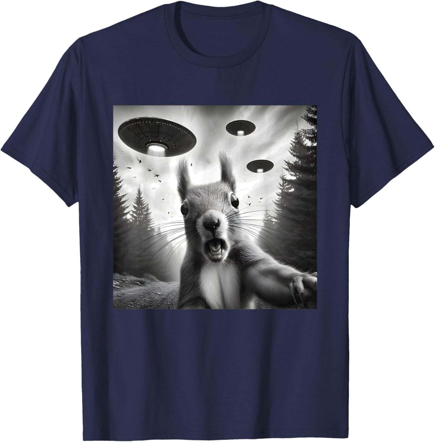 Squirrel Sci-Fi Funny Graphic Selfie with UFOs Weird Aliens T-Shirt - T-Shirt | Navy