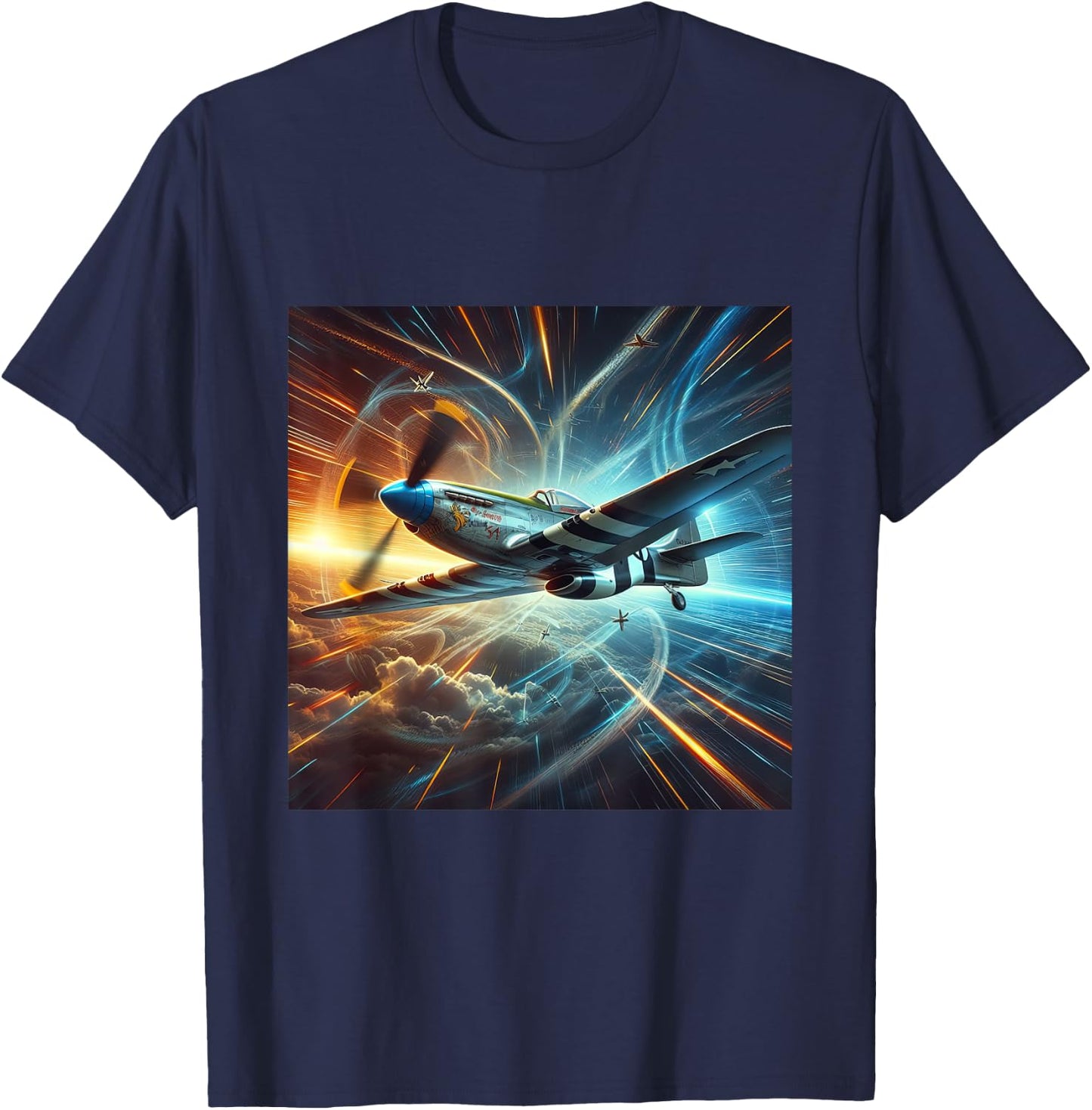 WWII Warbirds | P-51 Mustang in Dynamic Flight in the Sky T-Shirt - T-Shirt | Navy