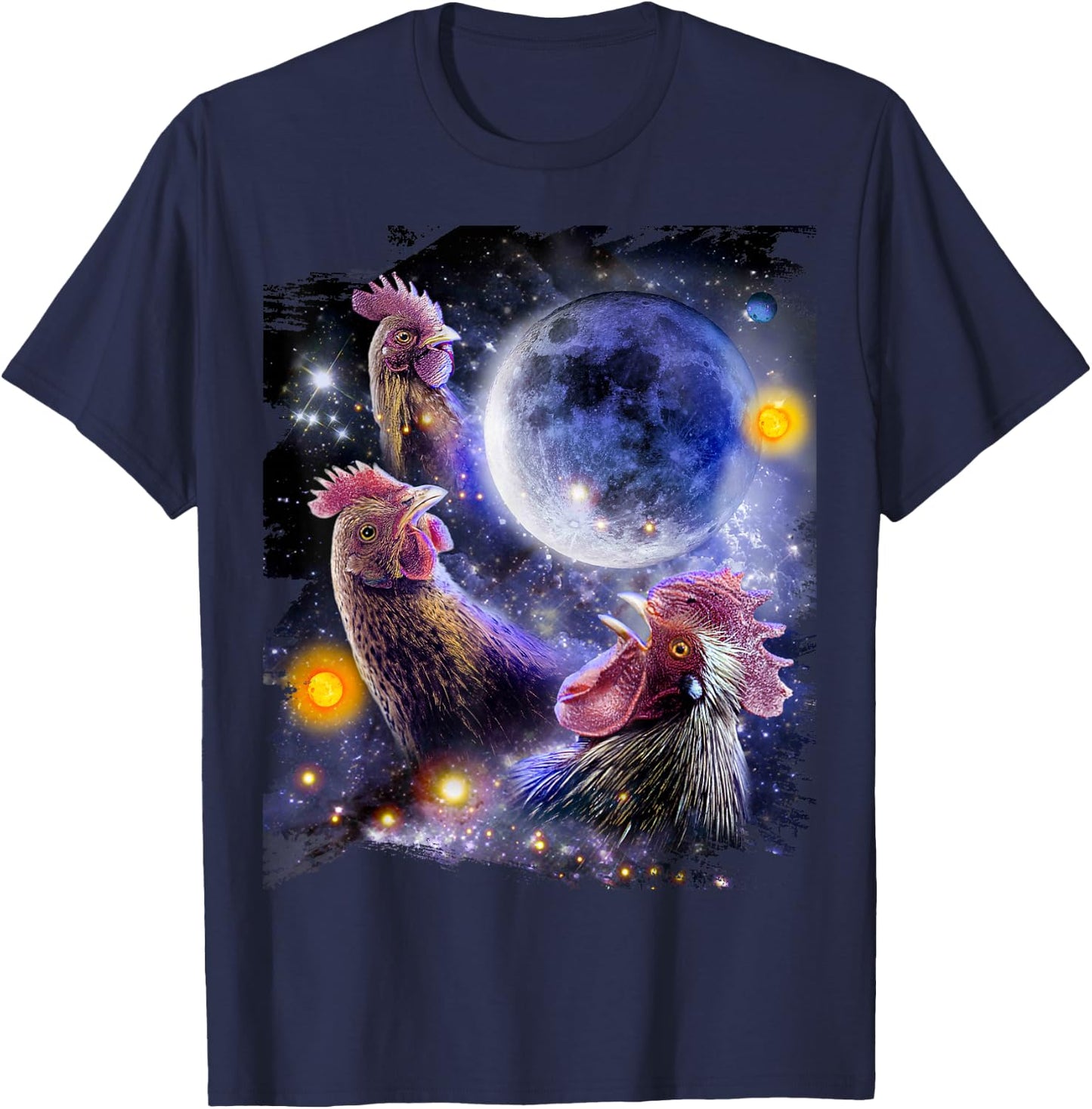 3 Three Chicken Moon, Cosmic Wolf Chickens Howling T-Shirt - T-Shirt | Navy