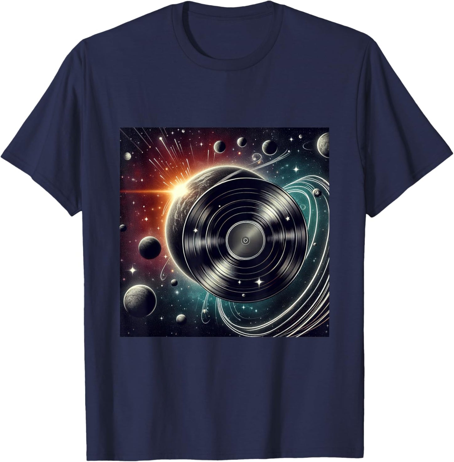 Vinyl Record Orbiting Through Space Cosmic Impact T-Shirt - T-Shirt | Navy
