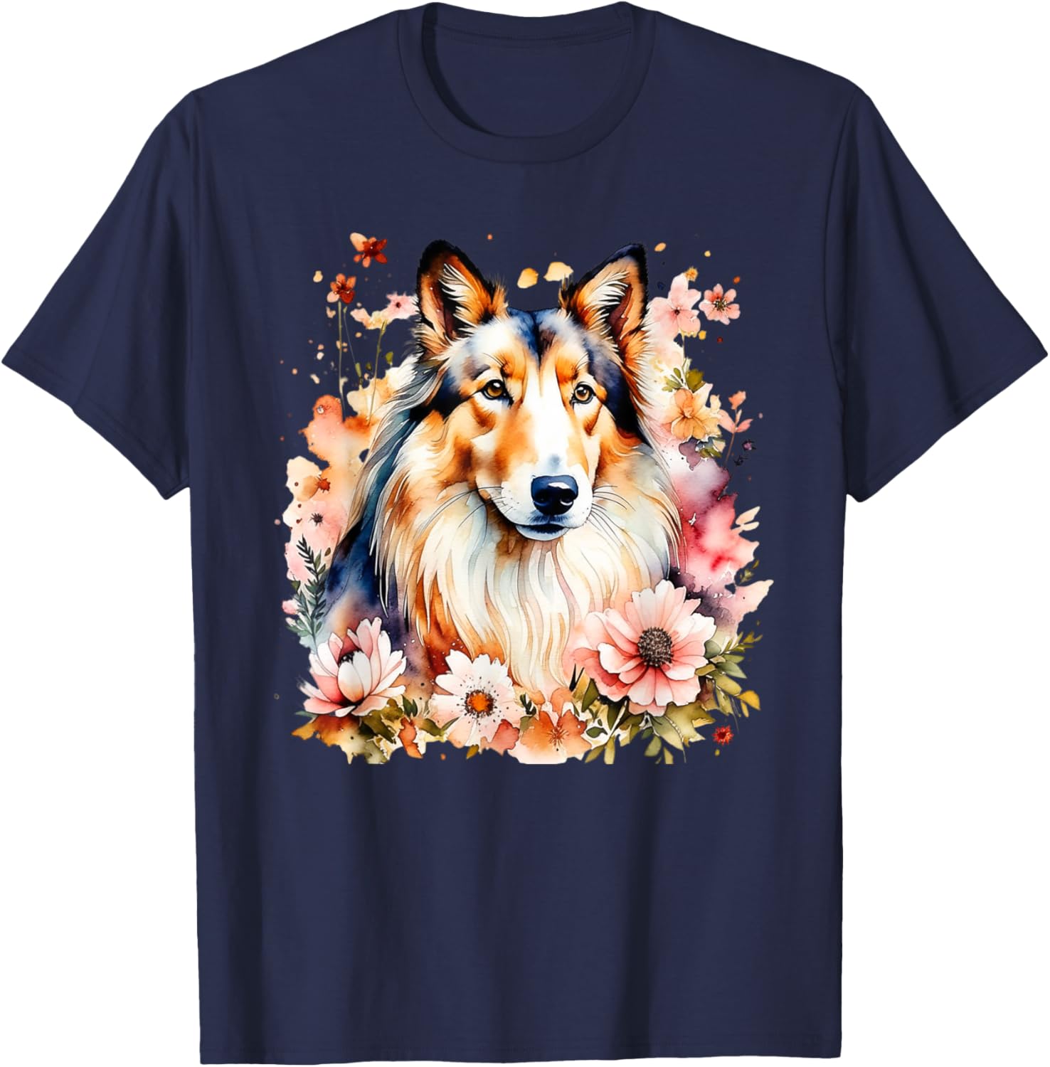 Rough Collie Dog Mama Mom Mum Doggy Mommy Watercolor Flower T-Shirt - T-Shirt | Navy