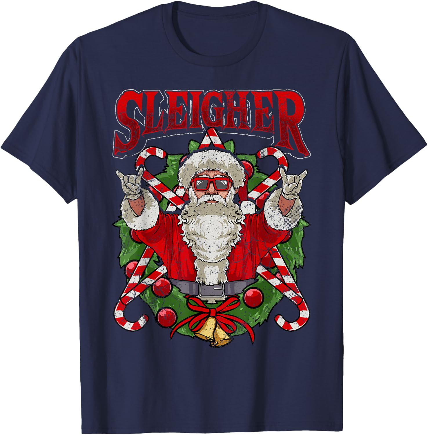 Sleigher Christmas Santa Claus Rock Metal Music Men Dad Teen T-Shirt - T-Shirt | Navy