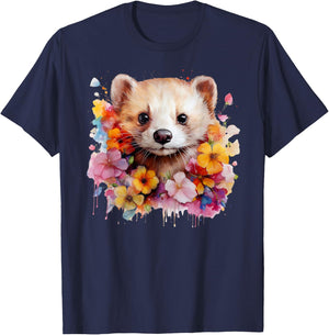 Pet Ferret Nature Portrait Artistic Watercolor Ferret Mom T-Shirt - T-Shirt | Navy