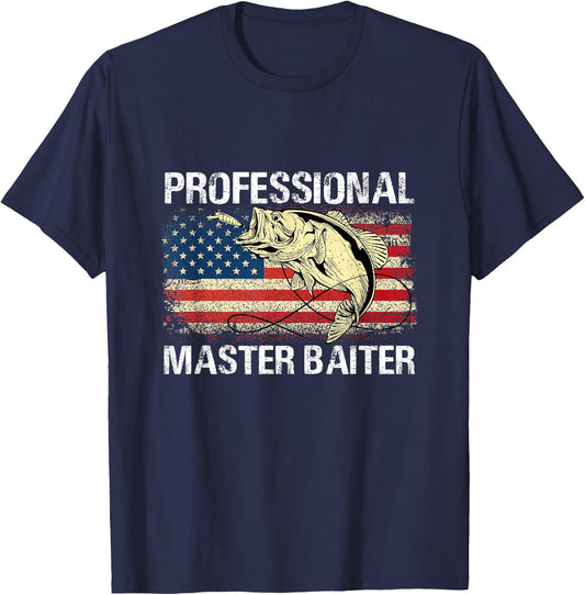Professional Master Baiter Retro American Flag Funny Fishing T-Shirt - T-Shirt | Navy