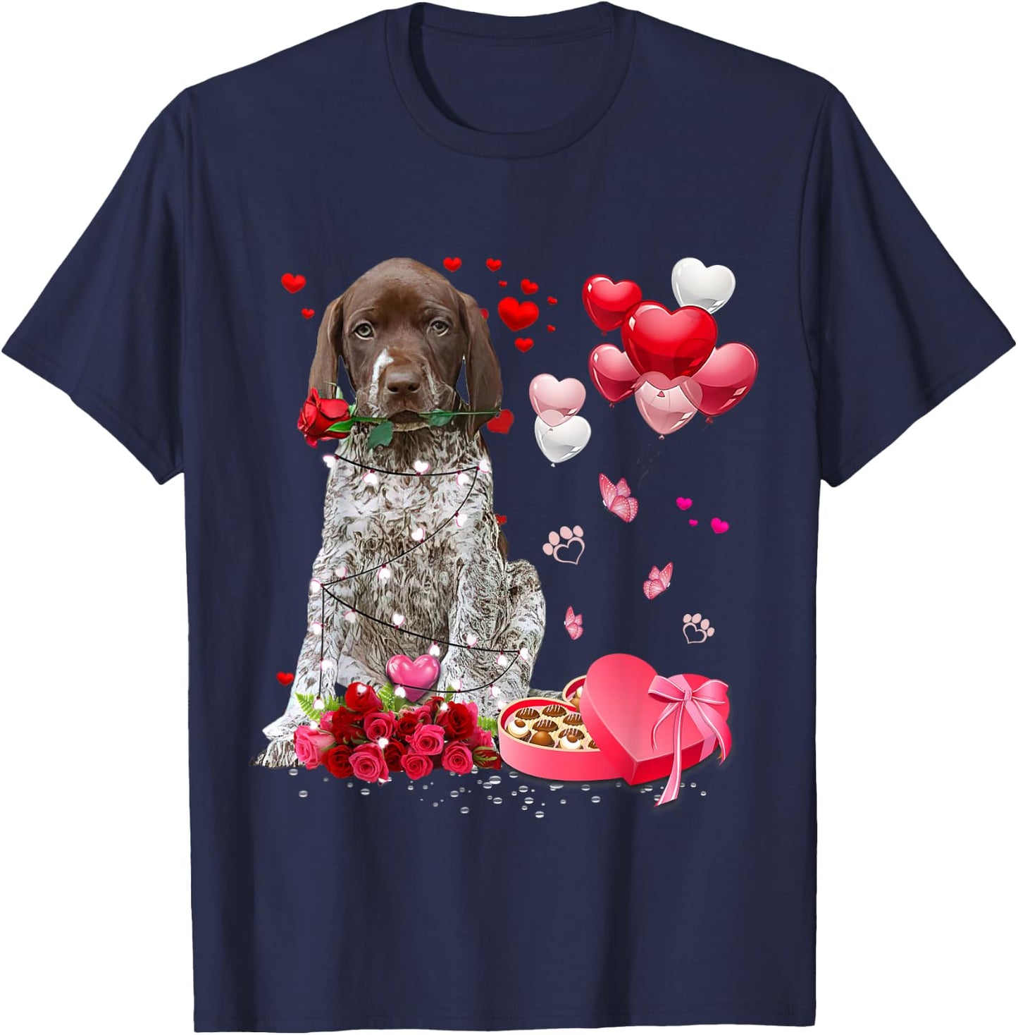 Funny German Shorthaired Pointer Rose Heart Happy Valentine T-Shirt - T-Shirt | Navy