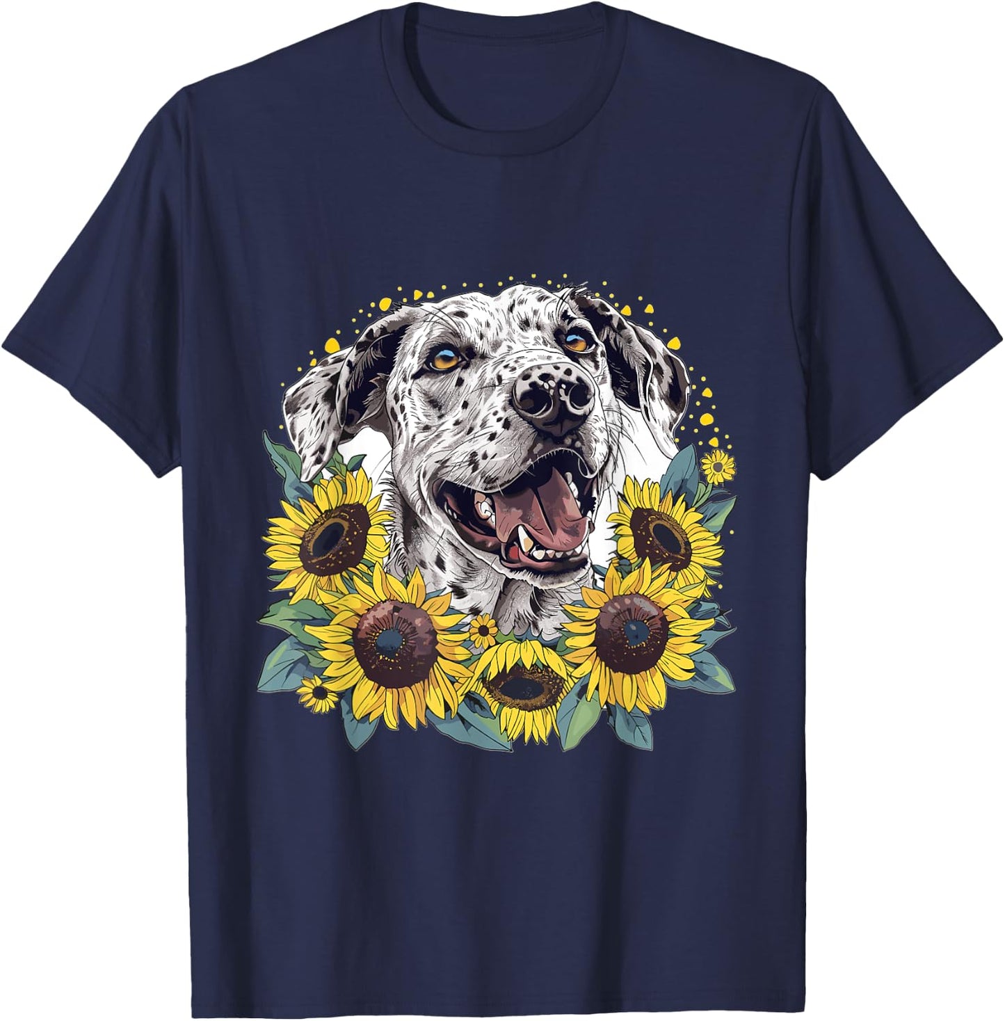 Catahoula Leopard Dog Dog Breed Graphic Sunflowers Men Women Kids T-Shirt - T-Shirt | Navy