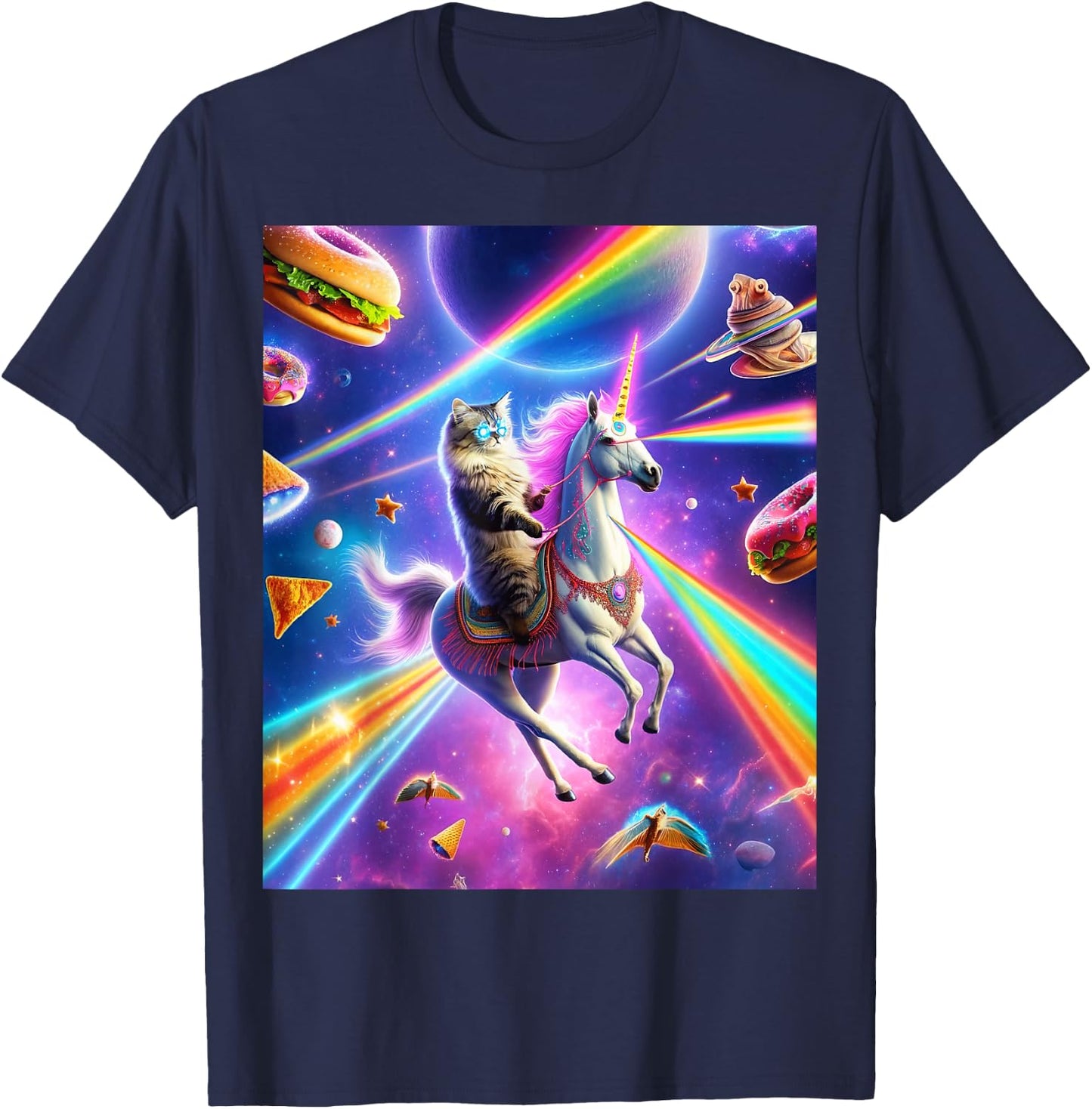 Laser Eyes Outer Space Cat Riding Llama Unicorn Ufo Tacos Men Women T-Shirt - T-Shirt | Navy