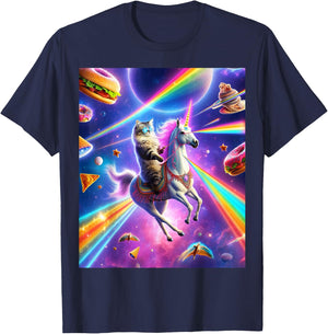 Laser Eyes Outer Space Cat Riding Llama Unicorn Ufo Tacos Men Women T-Shirt - T-Shirt | Navy
