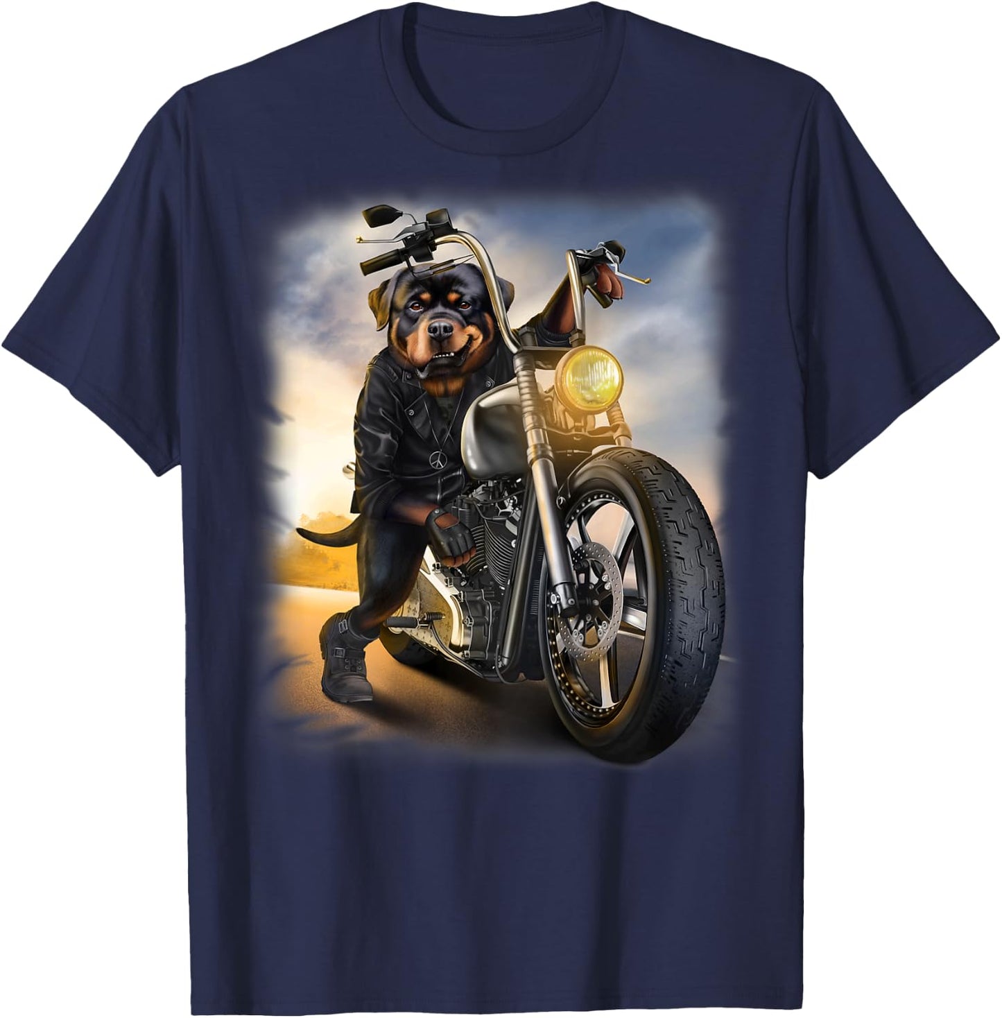 Rottweiler Dog Biker Riding Motorcycle at Sunset T-Shirt - T-Shirt | Navy