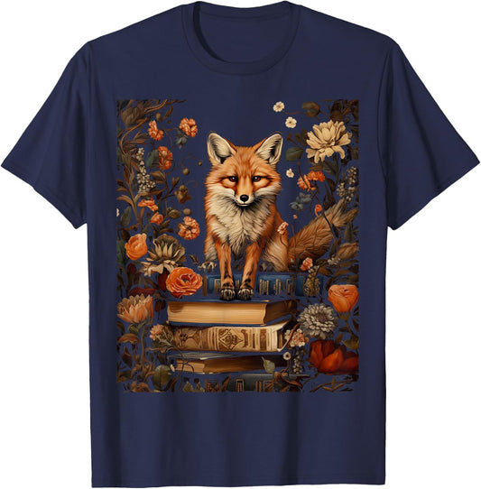 Cottagecore Aesthetic Fox with Book Reading Goblincore T-Shirt - T-Shirt | Navy