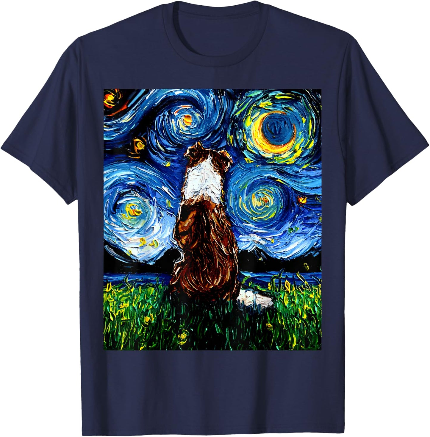 Red Border Collie Starry Night Dog Artwork T-Shirt - T-Shirt | Navy