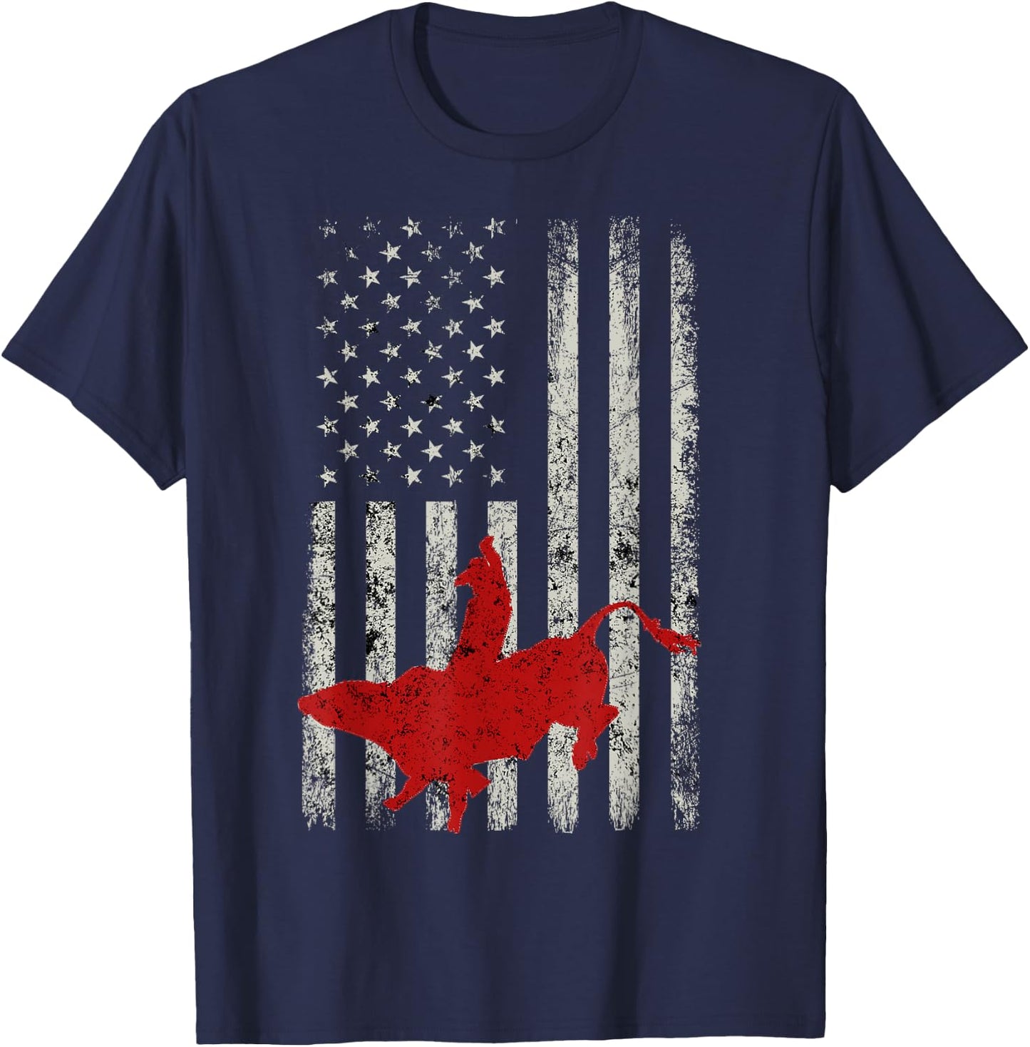 American Flag Bull Riding Cowboy Gift Rodeo T-Shirt - T-Shirt | Navy