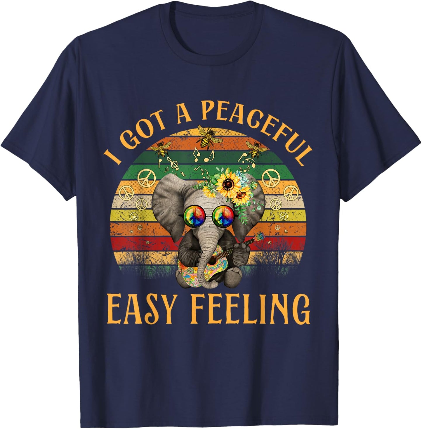Hippie Peace I Got A Easy Peaceful Feeling Elephant Guitar T-Shirt - T-Shirt | Navy