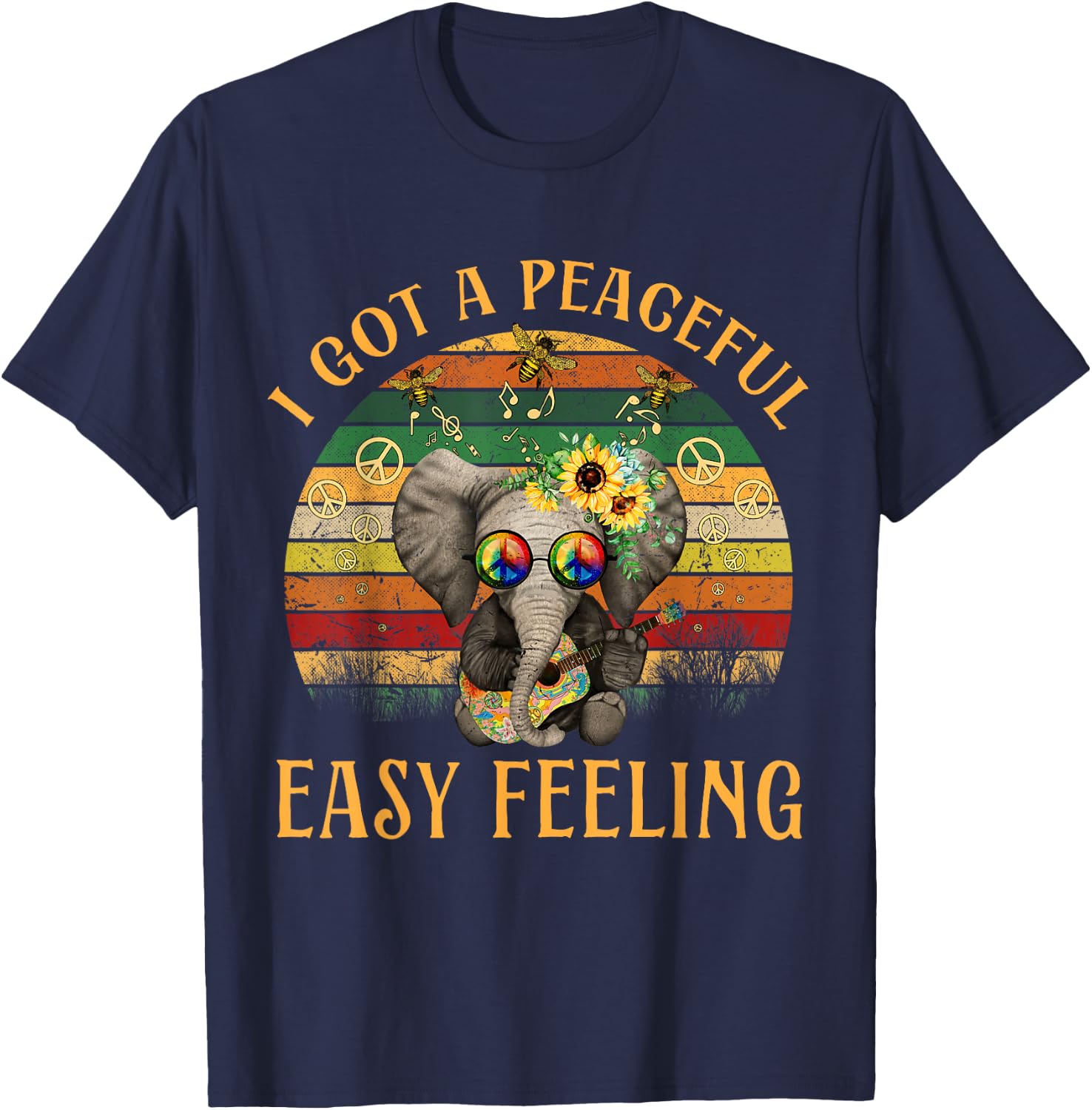 Hippie Peace I Got A Easy Peaceful Feeling Elephant Guitar T-Shirt - T-Shirt | Navy