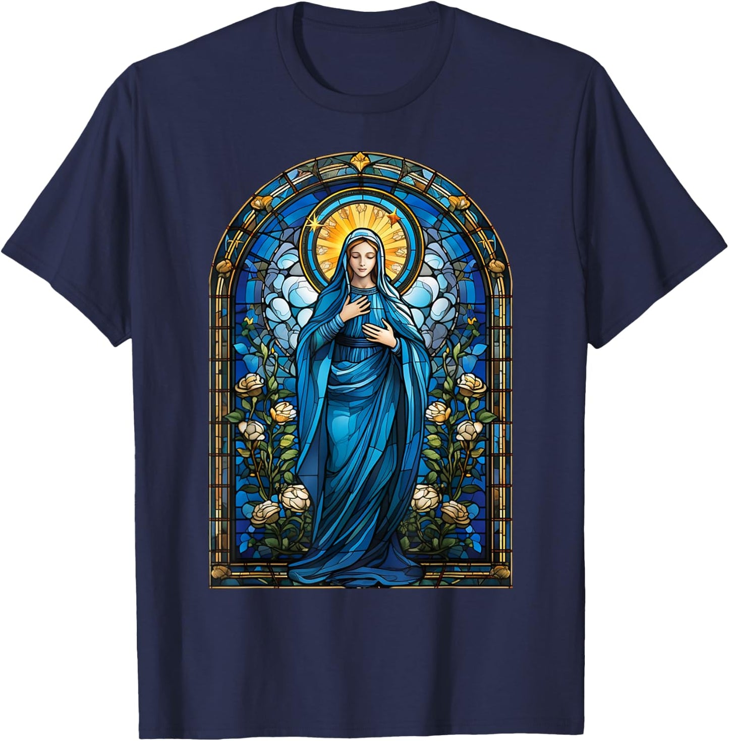 Blessed Virgin Mary Stained Glass T-Shirt - T-Shirt | Navy