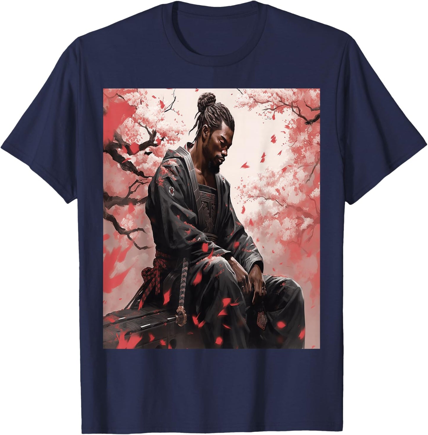 Black Samurai African Yasuke Meditating Under Cherry Blossom T-Shirt - T-Shirt | Navy