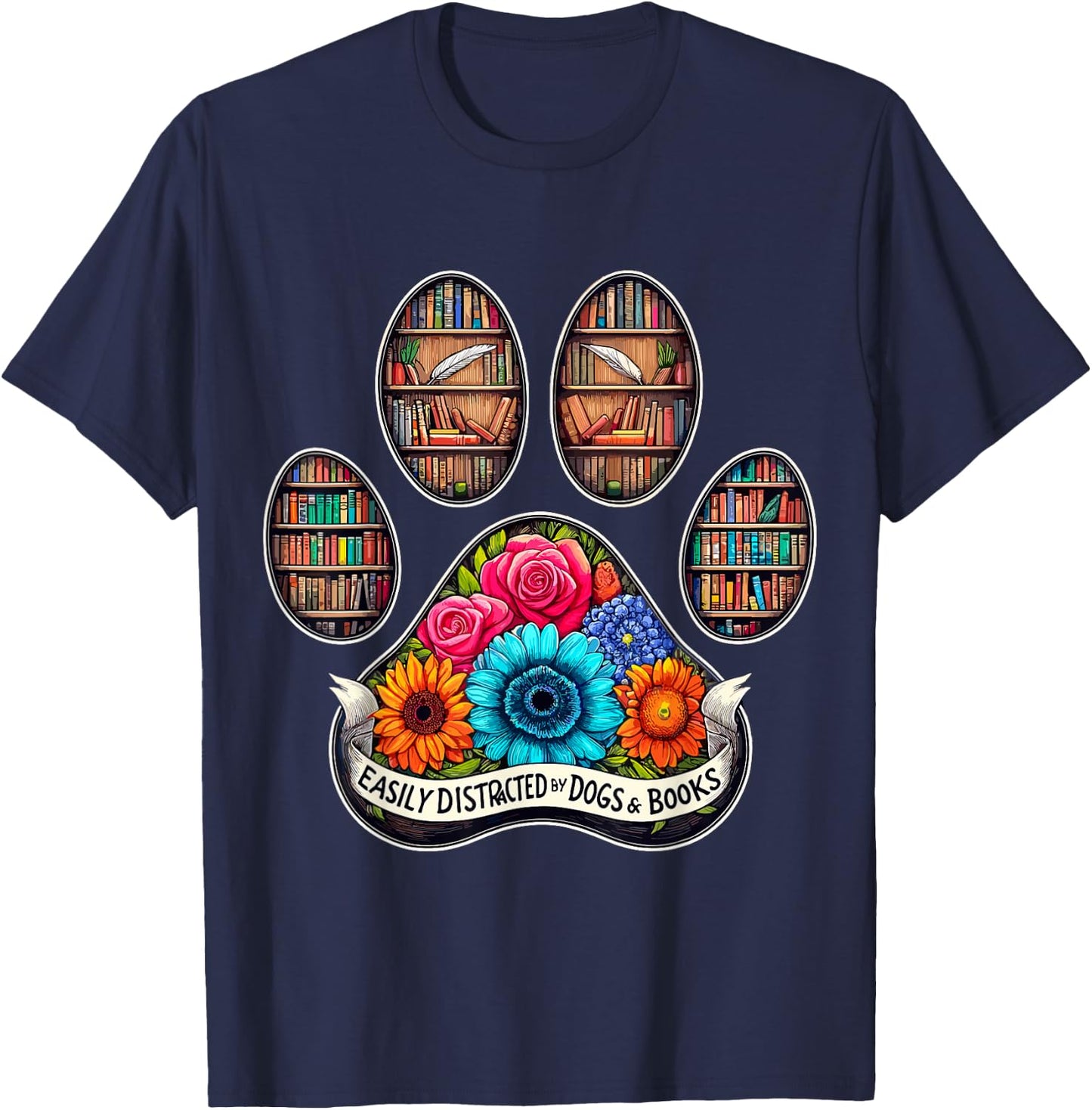 Easily Distracted by Dogs and Books T-Shirt - T-Shirt | Navy