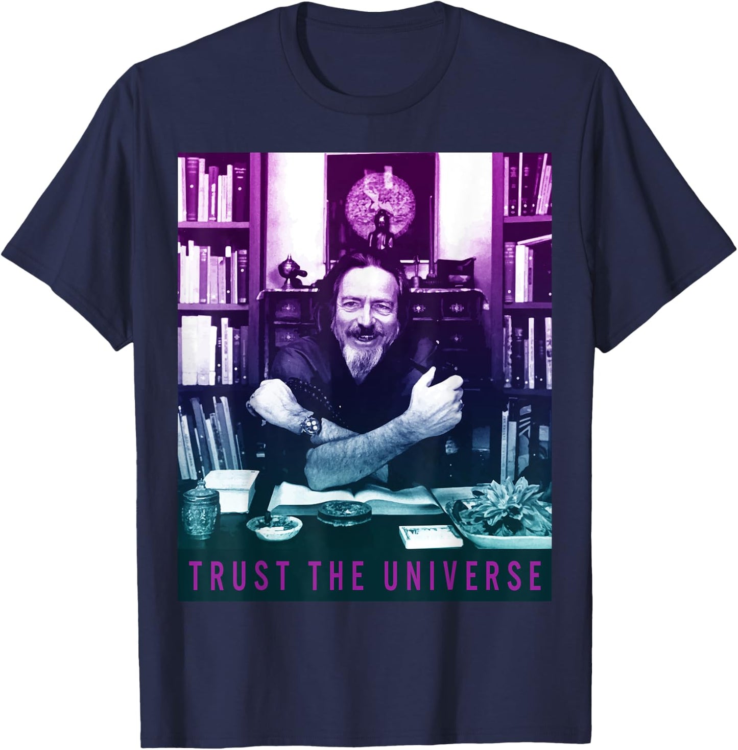 Quotes and Sayings Famous Philosophers Alan Watts Gradient Photo Trust The Universe Adults Men's Casual Yoga Black Small T-Shirt - T-Shirt | Navy
