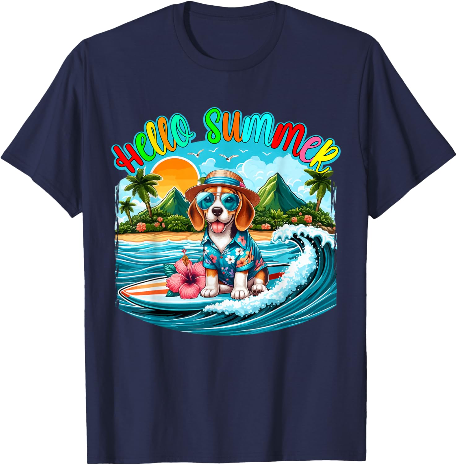 Summer Costume Beagle Sunglasses Surfing On Beach Surfer T-Shirt - T-Shirt | Navy