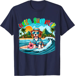 Summer Costume Beagle Sunglasses Surfing On Beach Surfer T-Shirt - T-Shirt | Navy