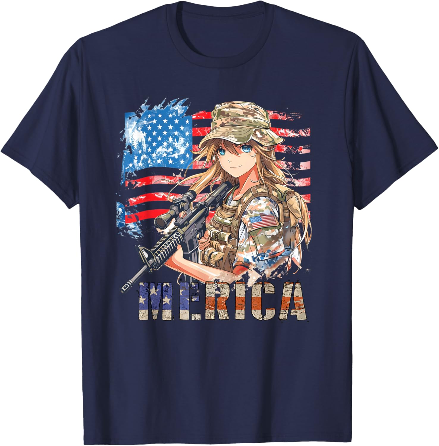 4th Of July Military Anime Girl Patriotic Kid Women US Flag T-Shirt - T-Shirt | Navy