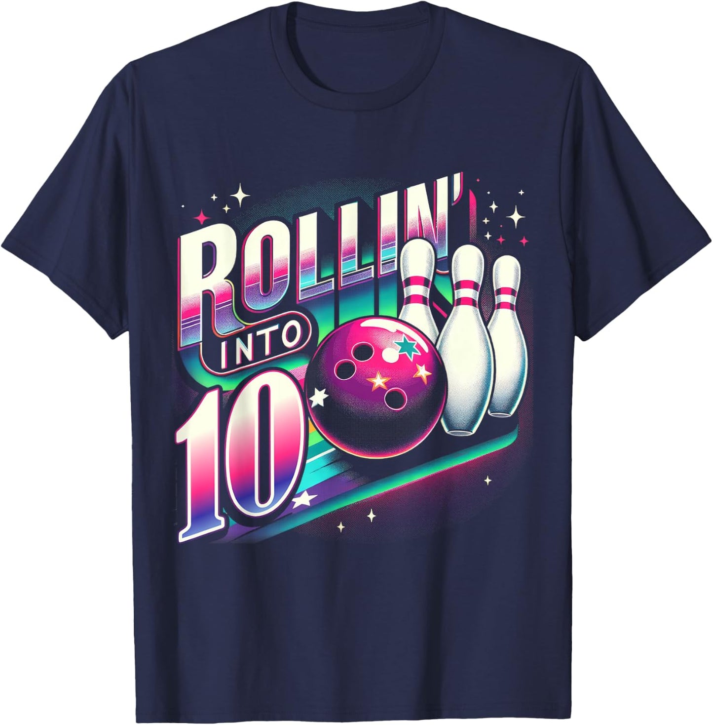 Bowling Birthday Rollin into 10 Party 10th Bday Retro Girl T-Shirt - T-Shirt | Navy