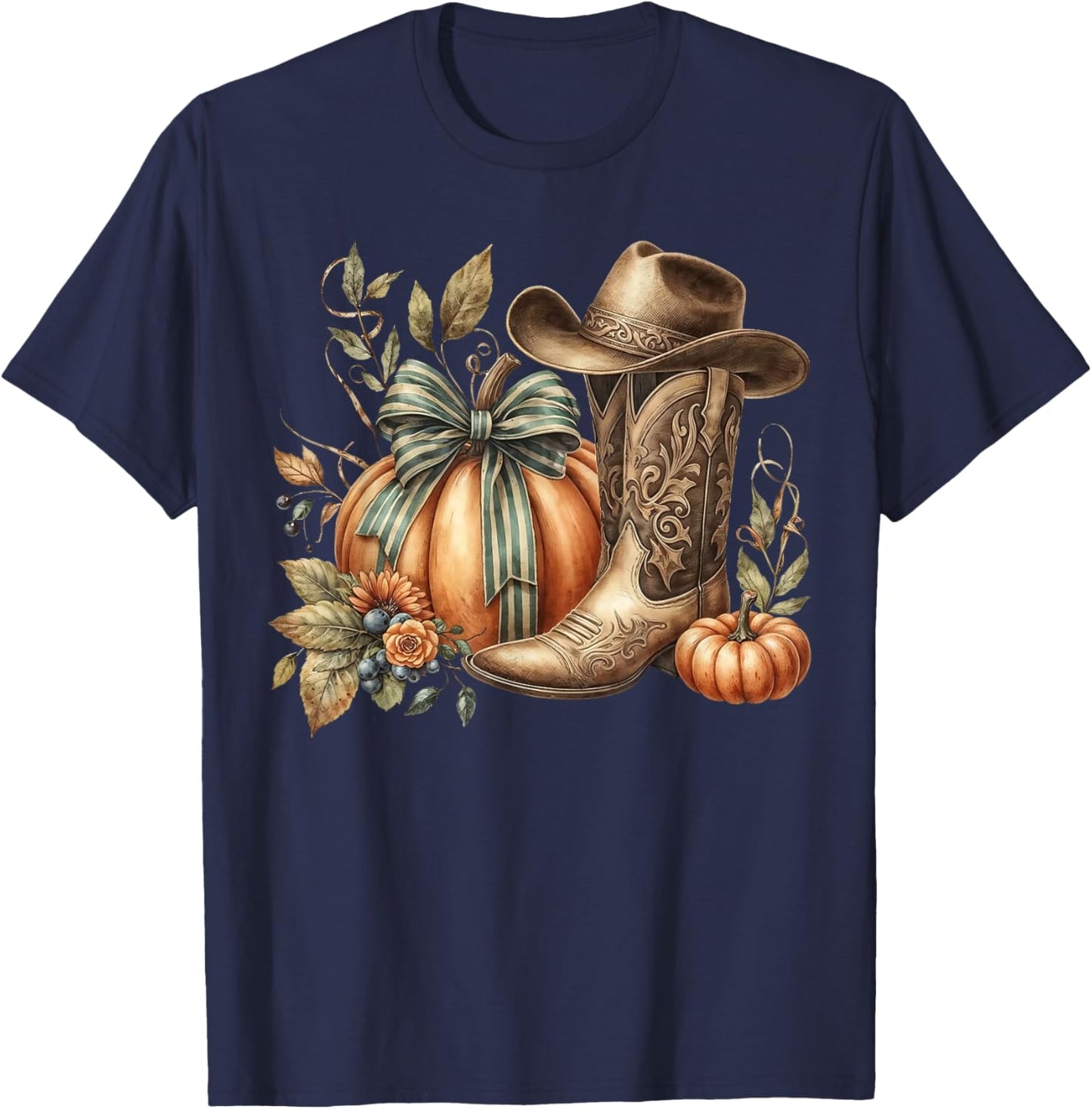 Howdy Pumpkin Fall Coquette Bow Western Boots T-Shirt - T-Shirt | Navy
