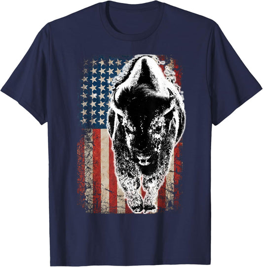 Vintage Buffalo American Flag Bison T-Shirt - T-Shirt | Navy