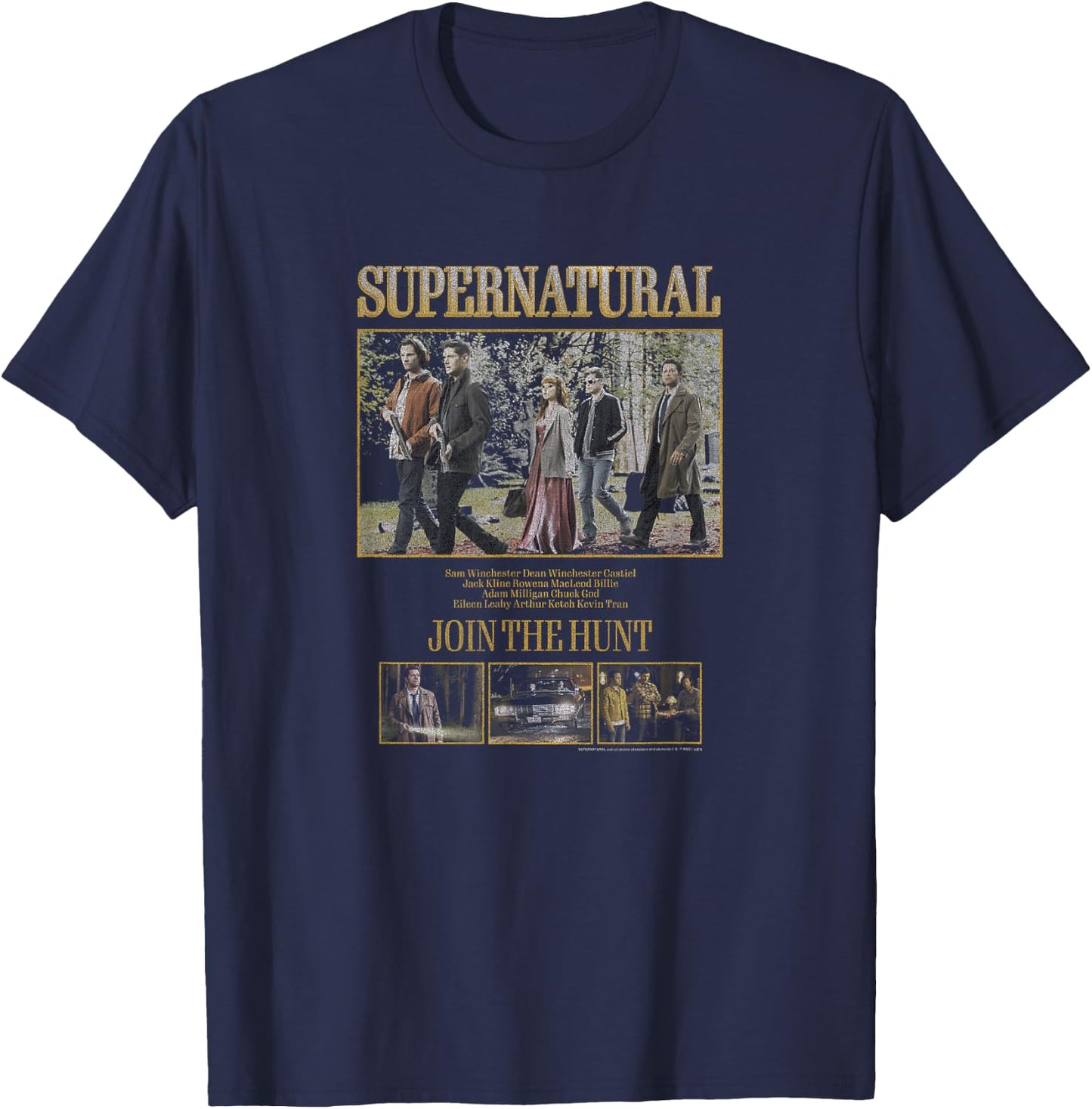 Supernatural Group Shot Boxy Join The Hunt Crew Names T-Shirt - T-Shirt | Navy