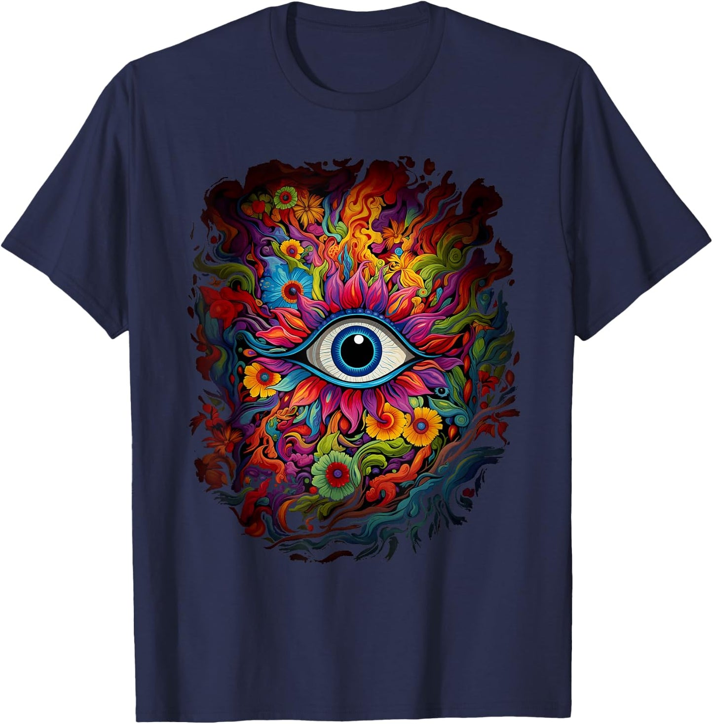 Psychedelic Third Eye Flower | Retro Colorful Floral Hippie T-Shirt - T-Shirt | Navy