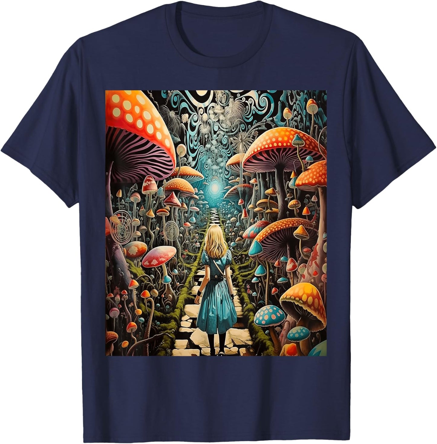 Alice in Wonderland Trippy Mushroom Forest Path T-Shirt - T-Shirt | Navy