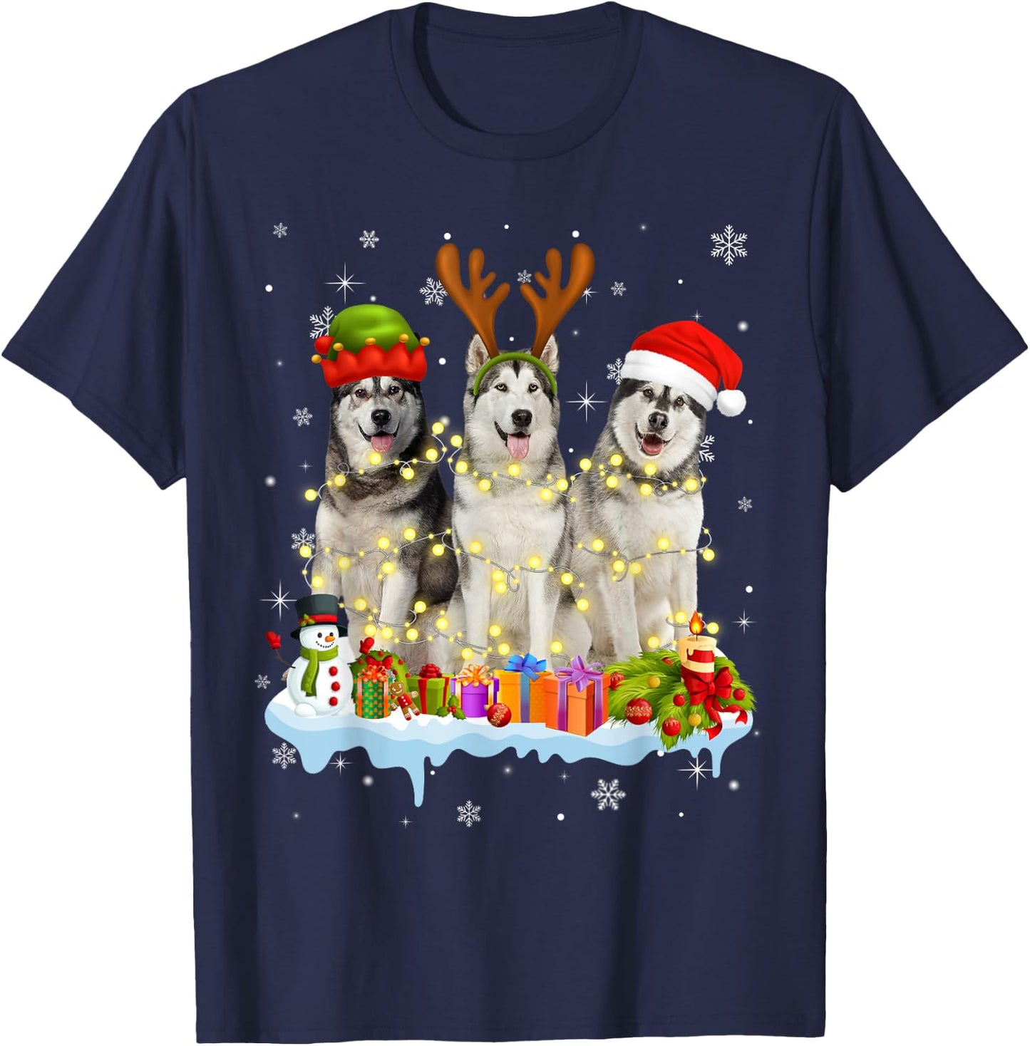 Cute Alaskan Malamute Santa Hat Christmas Light Xmas T-Shirt - T-Shirt | Navy