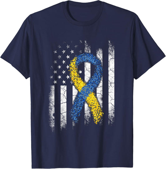 Down Syndrome Awareness US Flag Shirt Dad Mom Down Syndrome T-Shirt - T-Shirt | Navy