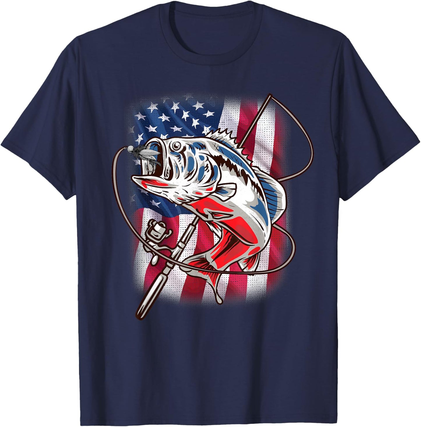 American Flag Fishing Shirt Vintage USA Bass Fisherman Gift T-Shirt - T-Shirt | Navy