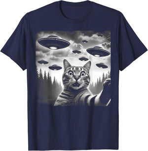Funny Cat Selfie with UFOs Women Kids T-Shirt - T-Shirt | Navy