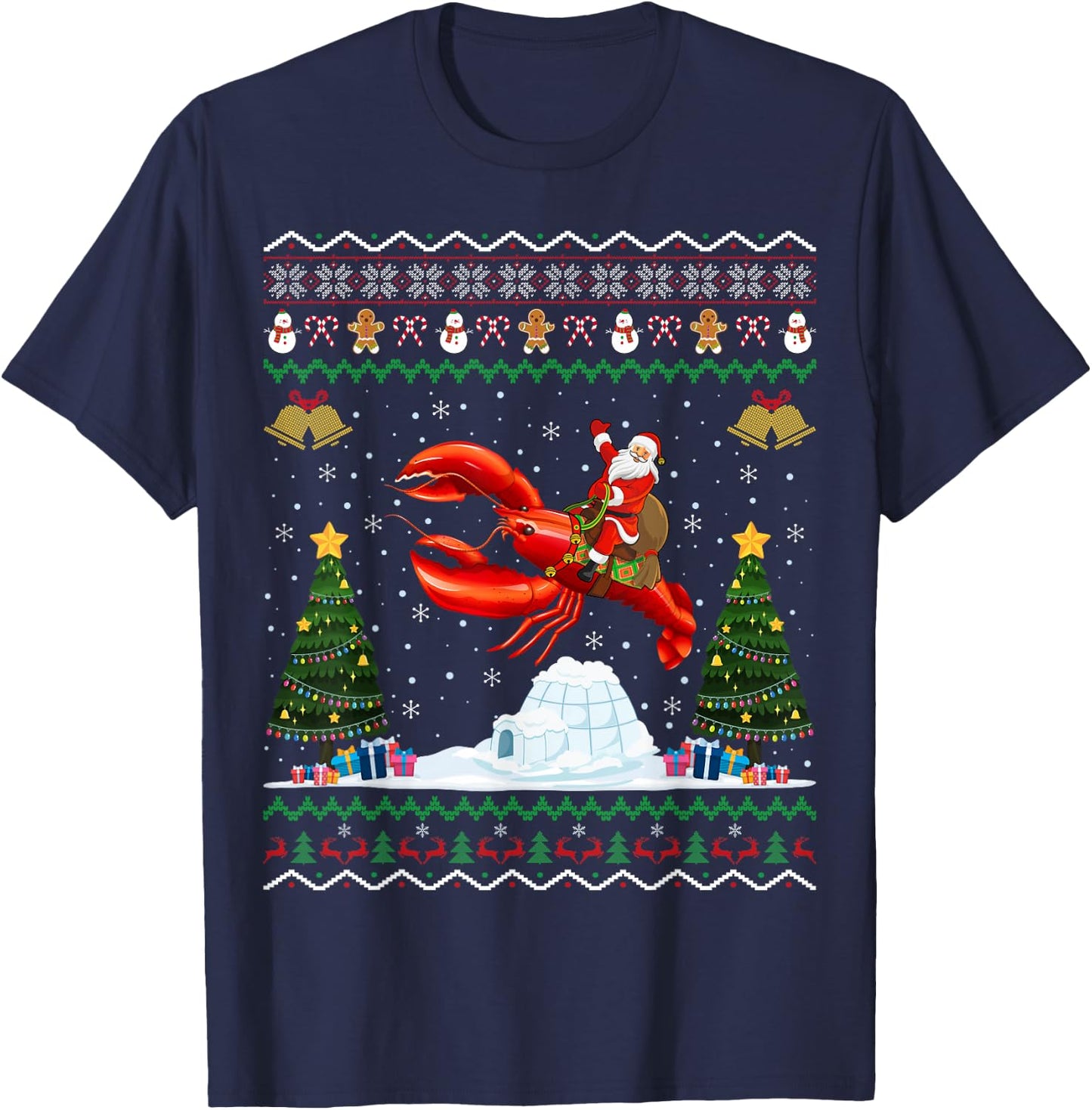 Lobster Ugly Xmas Gift Santa Riding Lobster Christmas T-Shirt - T-Shirt | Navy