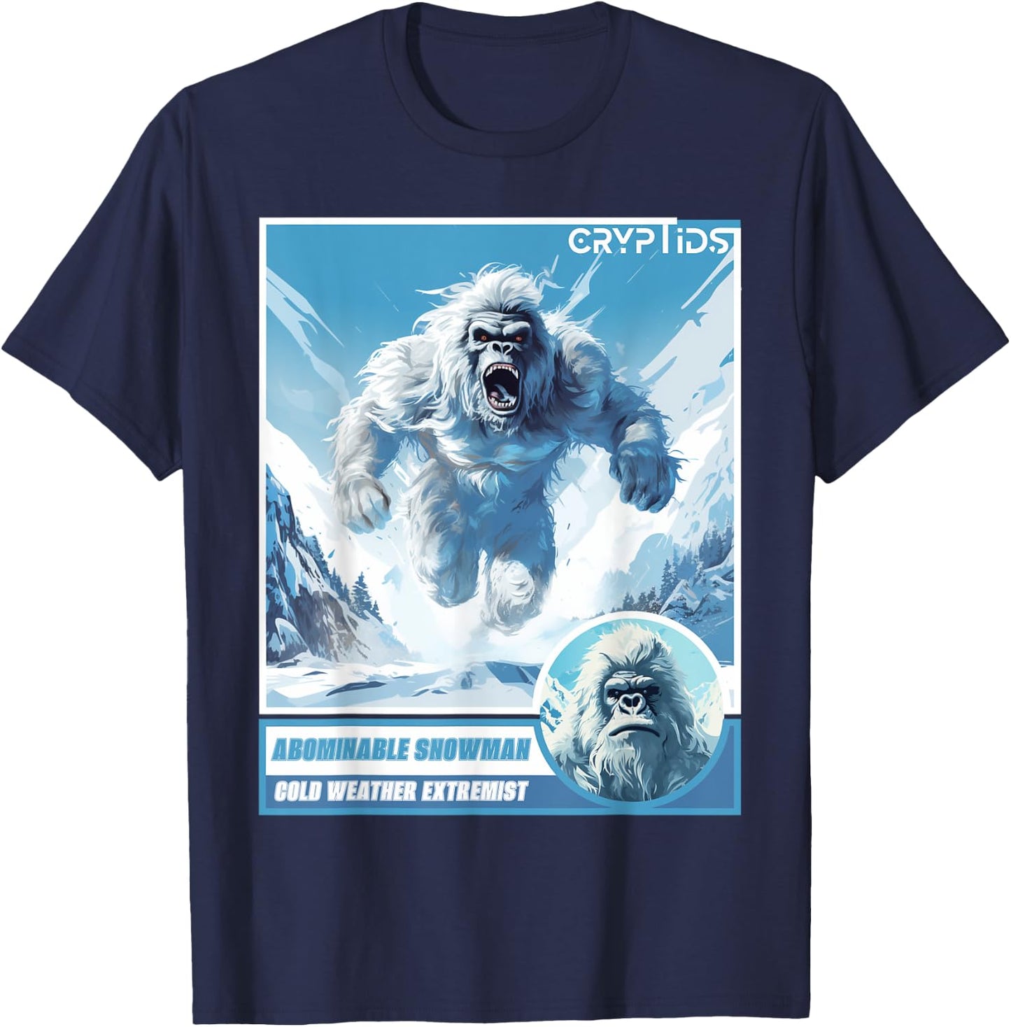 Cryptozoology Cryptid Believer Apparel -Kids, Adults Black Cartoon Abominable Snowman Winter Classic Fit T-Shirt - T-Shirt | Navy