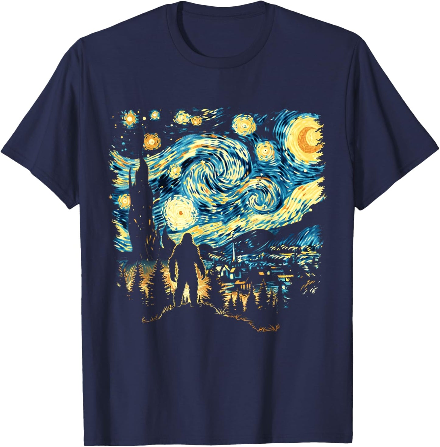 Funny Bigfoot Starry Night Sasquatch Van Gogh Sky Painting T-Shirt - T-Shirt | Navy