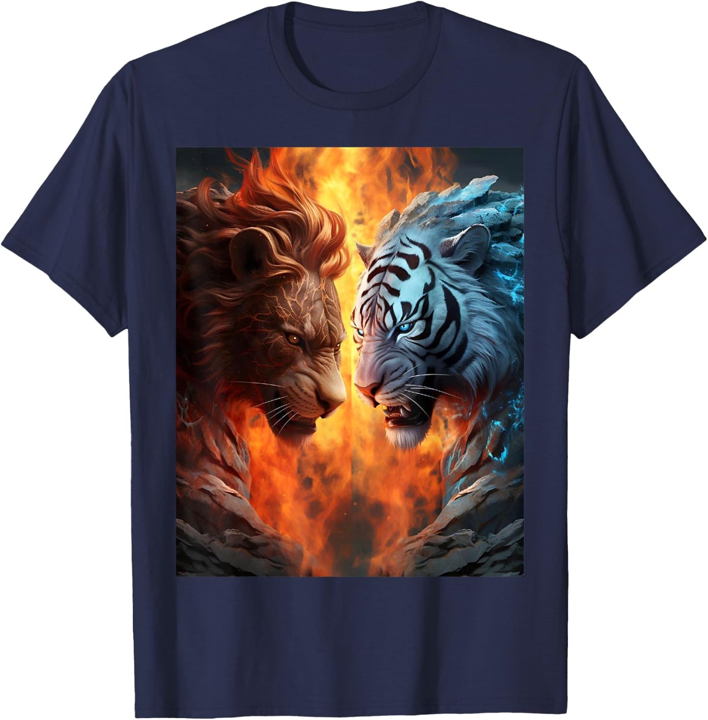 Two Tigers . White and Yellow Tigers, Flames Artwork Nice T-Shirt - T-Shirt | Navy
