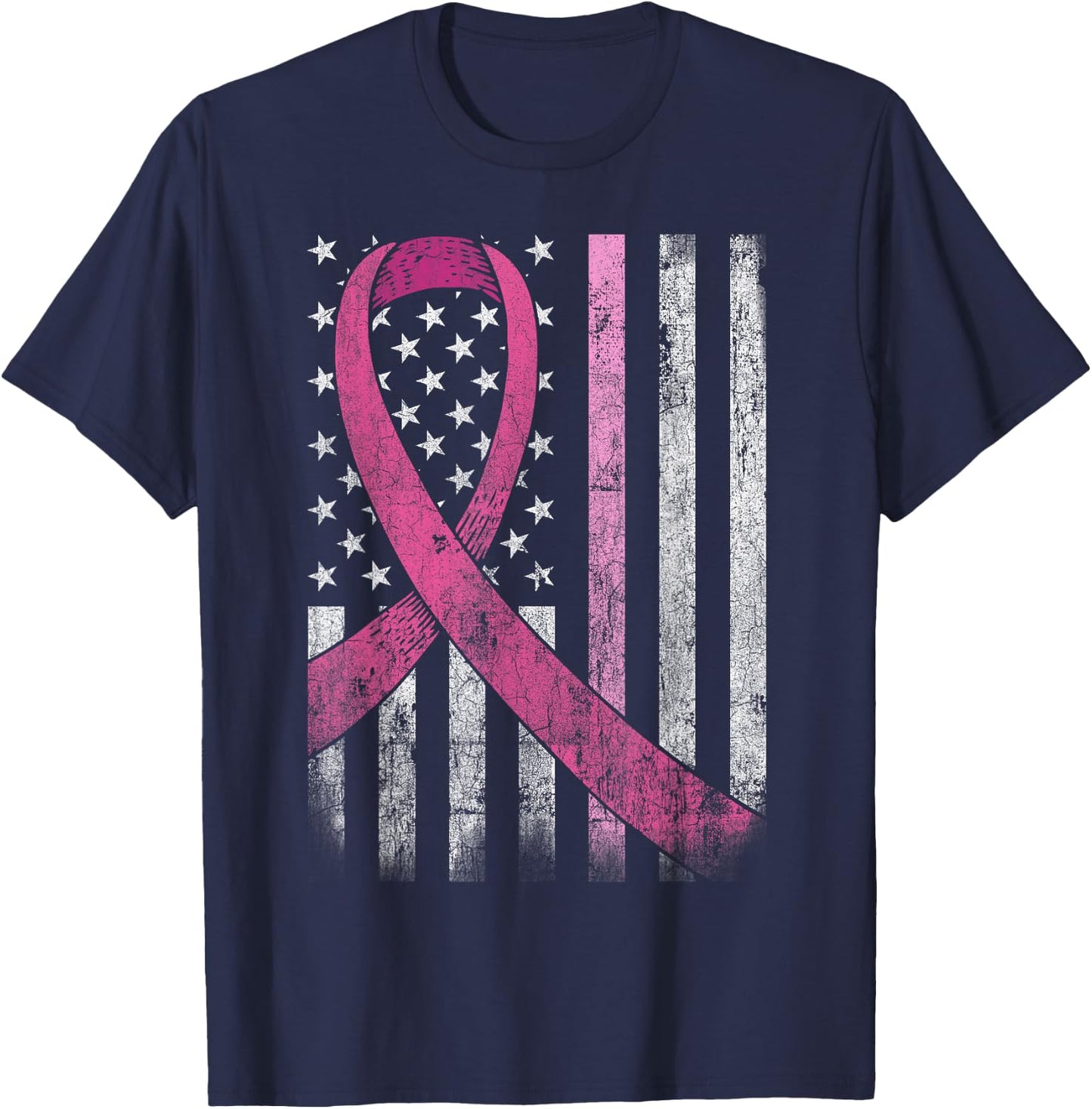 Breast Cancer Awareness American Flag Pink Ribbon T-Shirt - T-Shirt | Navy