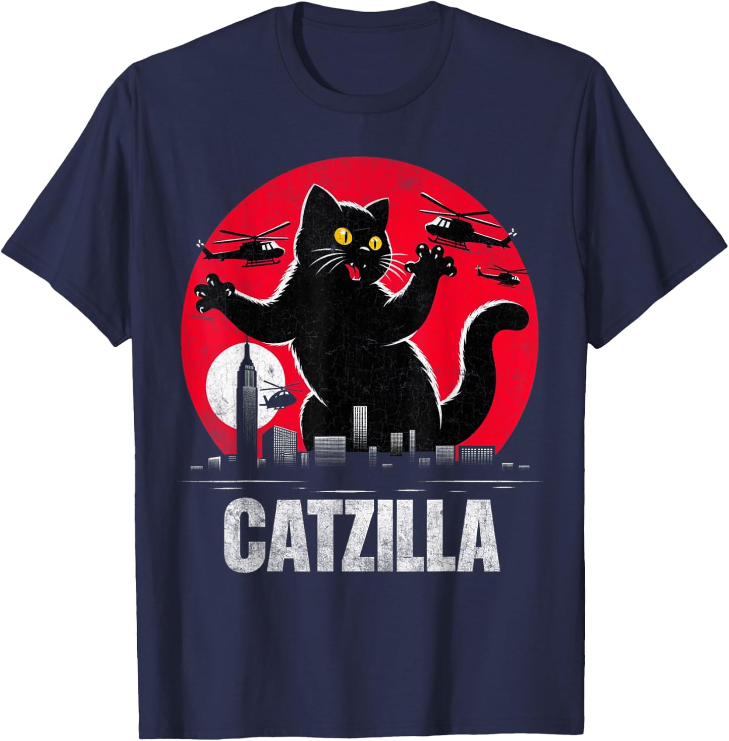Retro Catzilla Funny Cat Lovers Graphic Gifts Cat Mom Dad Men Women Girls Kids T-Shirt - T-Shirt | Navy