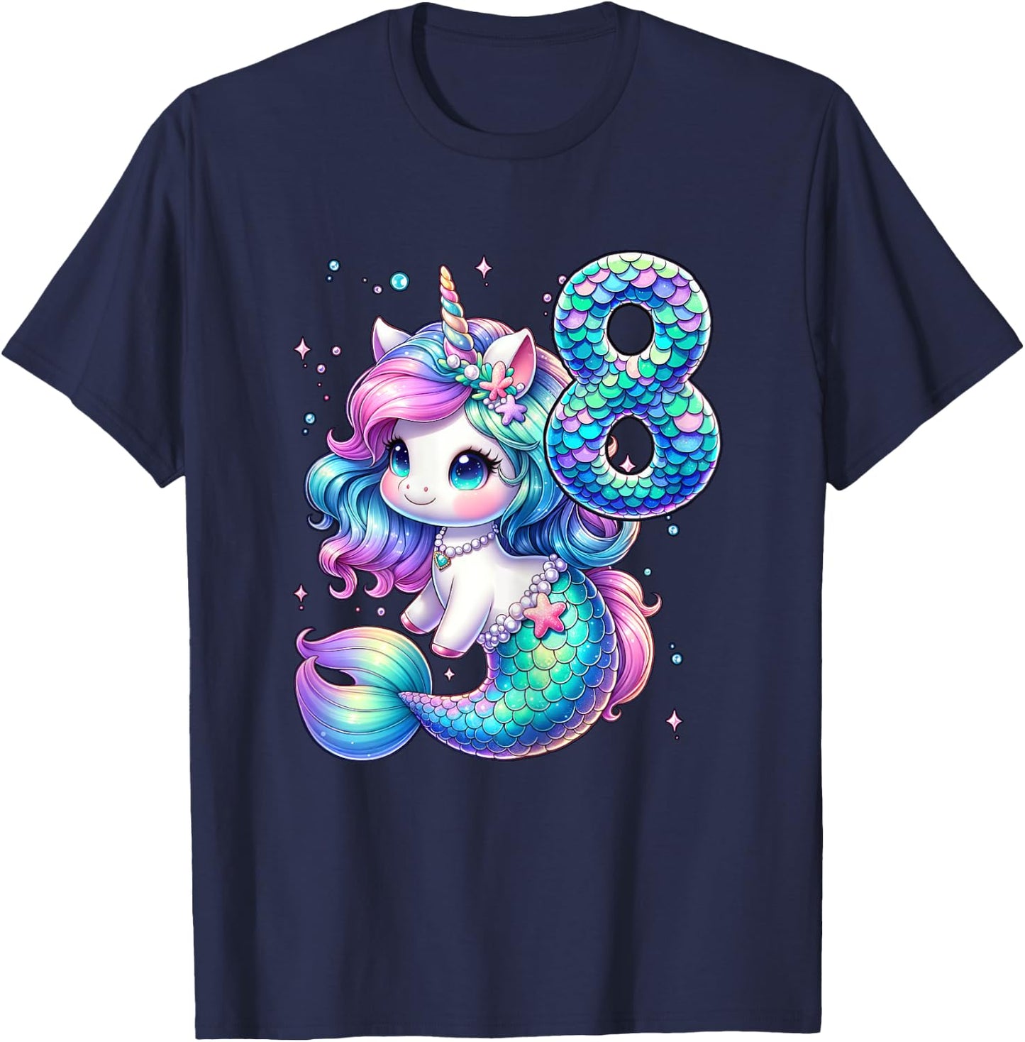Unicorn Mermaid 8th Birthday 8 Year Old Party Girls Outfit T-Shirt - T-Shirt | Navy
