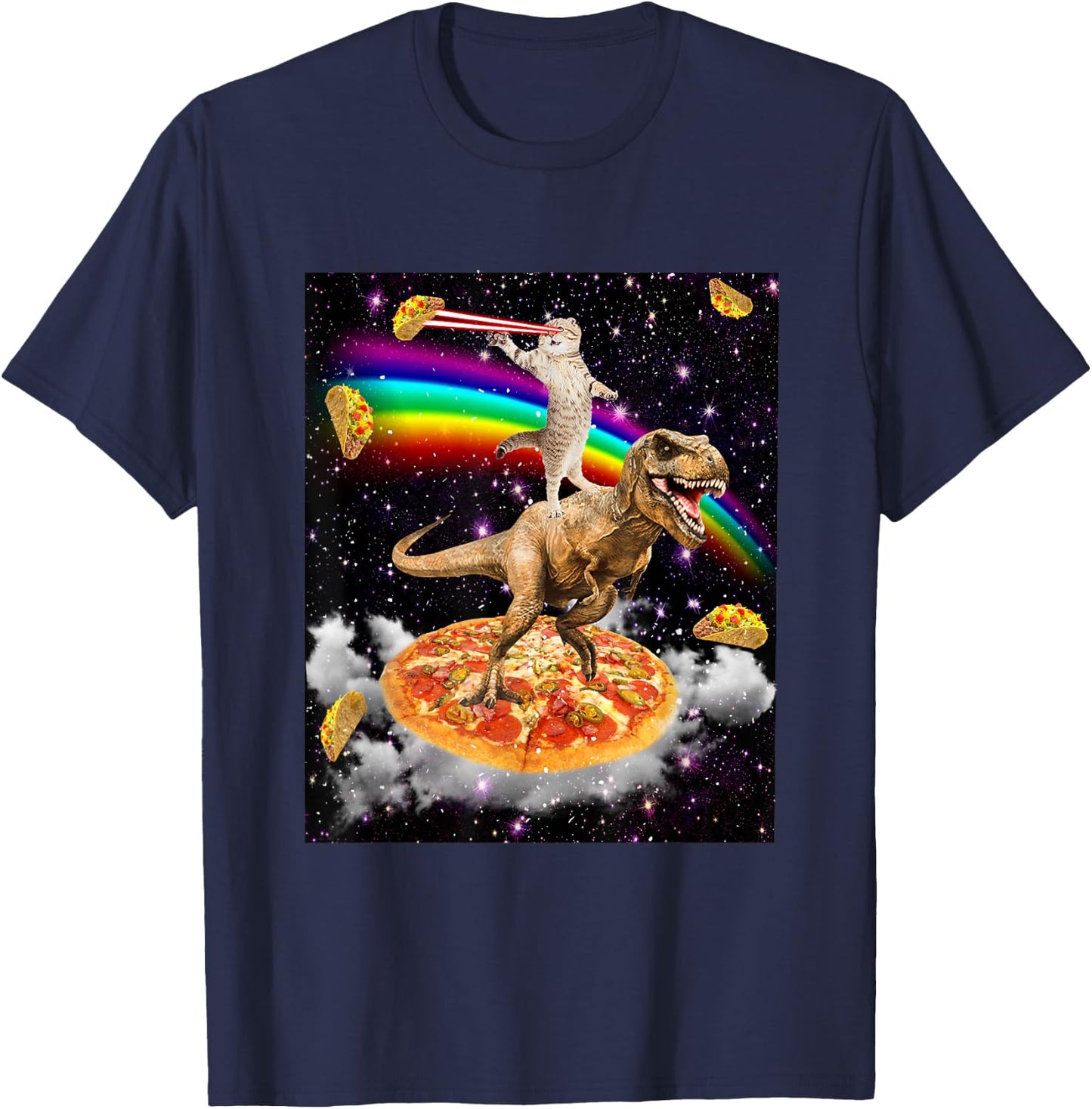Galaxy Laser Cat on Dinosaur on Pizza with Tacos & Rainbow T-Shirt - T-Shirt | Navy