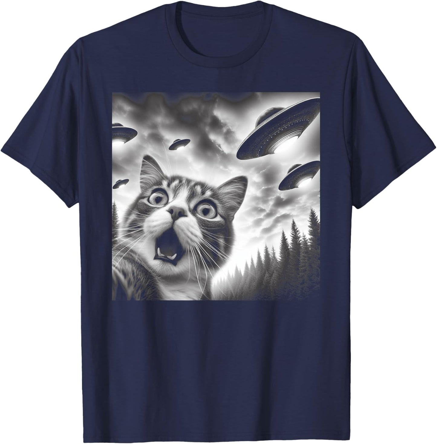 Funny Cat Selfie with UFOs Men Women Kids T-Shirt - T-Shirt | Navy