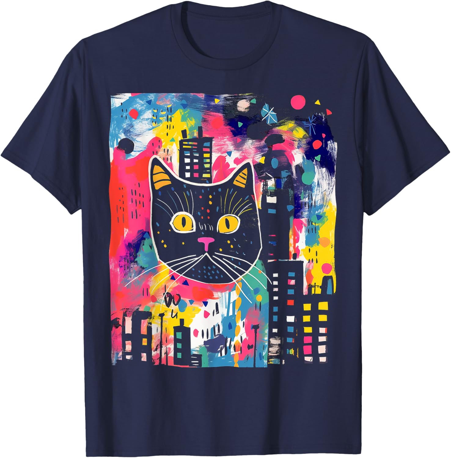 Cat Colorful Abstract Funny Animal Art Graphic Cat Women Kids T-Shirt - T-Shirt | Navy