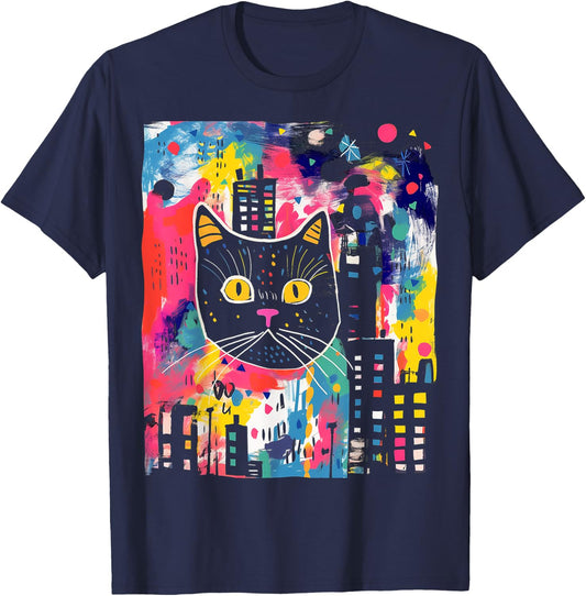 Cat Colorful Abstract Funny Animal Art Graphic Cat Women Kids T-Shirt - T-Shirt | Navy