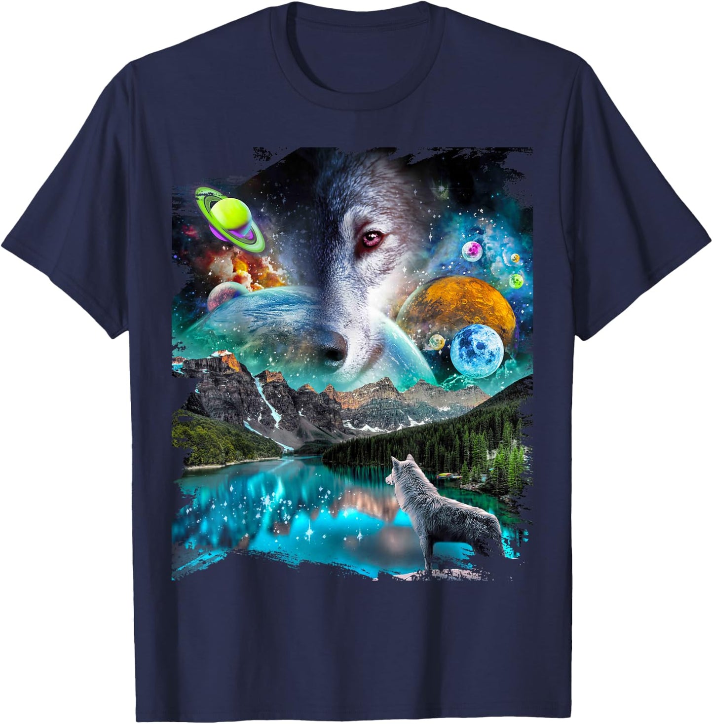 Celestial Cosmic Wolf, Space Planets Wolves T-Shirt - T-Shirt | Navy