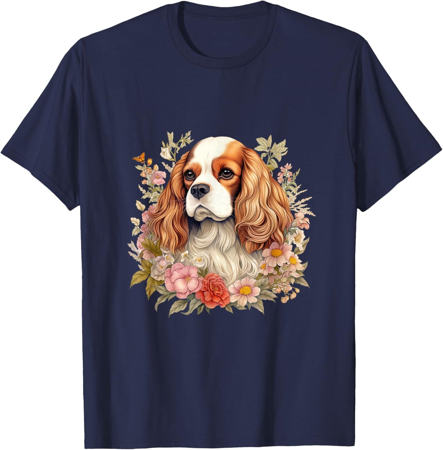 Cavalier King Charles Spaniel Dog with Flowers Floral T-Shirt - T-Shirt | Navy